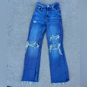 Zara high rise wide leg distressed blue jeans